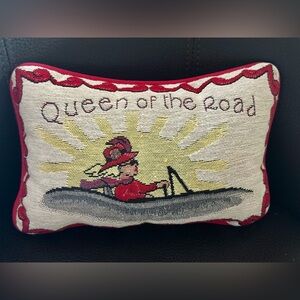 Vintage “Queen of the Road” tapestry style rectangular accent pillow. Clean.